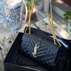 Saint Laurent Envelope Triquilt Small YSL Shoulder Bag in Grained Leather